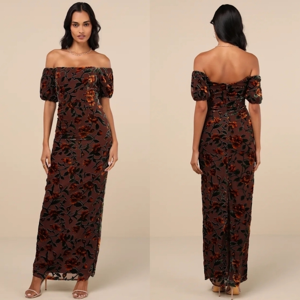 Lulus Confidently Impressive Brown Velvet Off-the-Shoulder Maxi Dress L Wedding